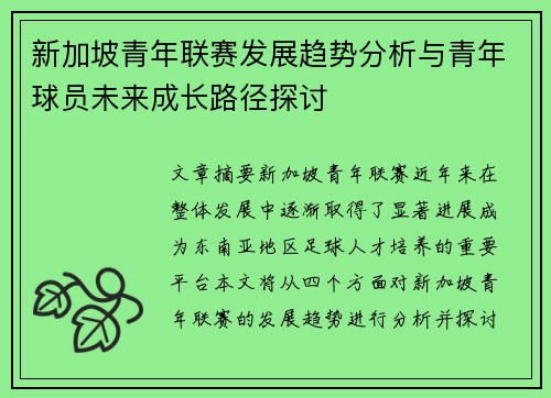 新加坡青年联赛发展趋势分析与青年球员未来成长路径探讨